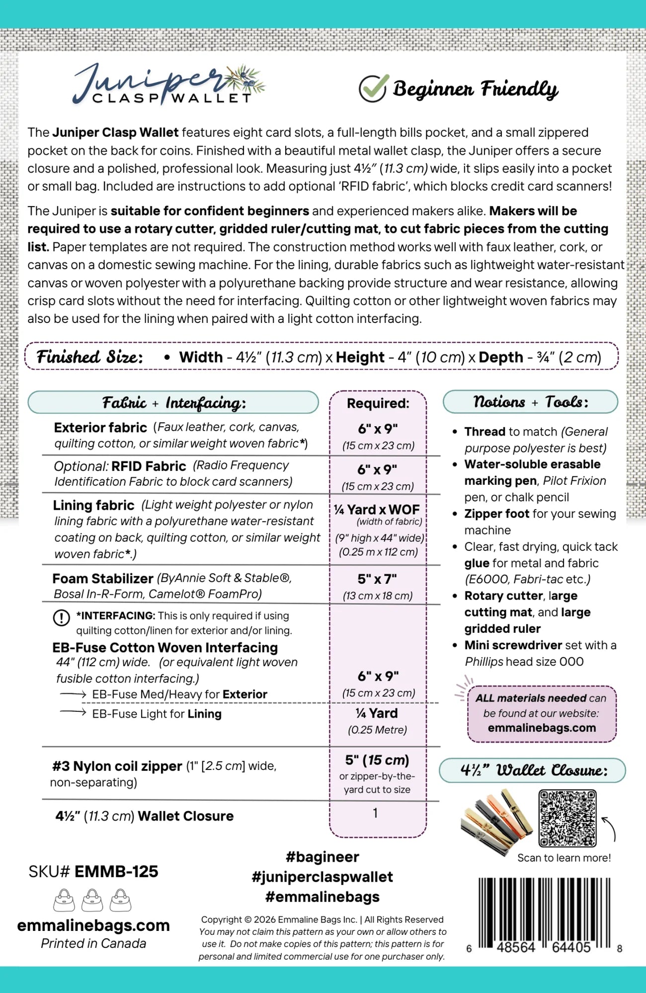 Emmaline Paper Pattern - The Juniper Clasp Wallet